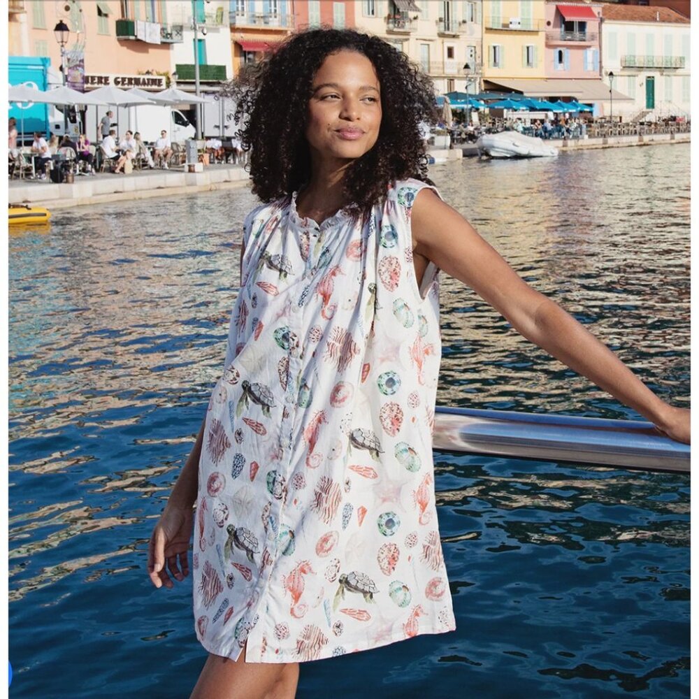 Pink Chicken White Seashell & Marine Print Mini Dress